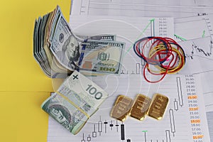 Banknotes of 100 dollars and 100 zÃâ, gold bars. Stock charts. Foreground.